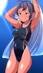  ahoge armpits asymmetrical_bangs bangs black_hair black_one-piece_swimsuit blunt_bangs brown_eyes chirashi_(so) commentary_request competition_swimsuit covered_navel covered_nipples cowboy_shot fujinami_(kancolle) hair_ribbon highleg highleg_swimsuit highres kantai_collection long_hair multicolored_clothes multicolored_swimsuit one-piece_swimsuit one-piece_tan presenting_armpit ribbon side_ponytail swimsuit tan tanlines towel white_ribbon 