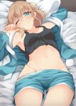  1girl absurdres arm_up bangs bed_sheet black_tank_top blue_shirt blue_shorts breasts closed_mouth clothes_pull commentary crop_top frown green_panties groin half-closed_eye highres kuzukiri_(riezenagel) long_sleeves looking_at_viewer lying navel on_back on_bed one_eye_closed open_clothes open_shirt original pajamas panties panty_pull pillow ria_(kuzukiri) shirt short_hair short_shorts shorts shorts_pull sleepwear sleepy small_breasts solo tank_top tearing_up underwear 