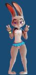  3_toes 3d_(artwork) 4_fingers absurd_res anthro backpack bottomwear breasts claws clothing digital_media_(artwork) disney eyelashes facial_piercing feet female fingers fur genitals gesture glowing hi_res judy_hopps lagomorph leporid mammal multicolored_body navel navel_piercing nipple_piercing nipples nose_piercing nose_ring piercing pochemu purple_eyes pussy rabbit ring_piercing septum_piercing septum_ring shirt simple_background small_breasts solo toe_claws toes topwear two_tone_body v_sign wristband zootopia 