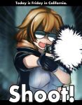  1girl absurdres aviator_sunglasses brown_hair english_text finger_on_trigger fingerless_gloves firing girls&#039;_frontline gloves grizzly_mkv grizzly_mkv_(girls&#039;_frontline) gun handgun highres holding holding_gun holding_weapon jacket meimushi open_mouth parody solo sunglasses weapon 
