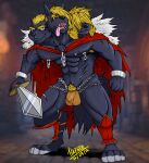 3_heads anthro blonde_hair blue_body body_hair bulge canid canine cape cerberus chain clothing european_mythology greek_mythology hair hazker hi_res male mammal multi_head muscular muscular_anthro muscular_male mythology nipple_piercing nipples piercing pubes red_eyes solo tongue tongue_out 