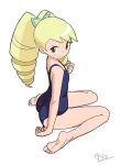  1girl ass barefoot big_hair blonde_hair blush closed_mouth drill_hair feet full_body highres long_hair looking_at_viewer luna_platz_(mega_man) mega_man_(series) mega_man_star_force solo swimsuit twin_drills twintails 