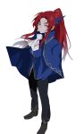  1girl argalia_(library_of_ruina) argalia_(library_of_ruina)_(cosplay) ascot black_footwear black_pants blue_cape blue_jacket cape collared_cape commentary cosplay full_body gebura_(project_moon) gold_trim grey_eyes hair_ornament hand_in_pocket heterochromia highres jacket library_of_ruina looking_at_viewer mu46016419 pants ponytail project_moon red_hair scar scar_on_face simple_background solo symbol-only_commentary white_ascot white_background yellow_eyes 