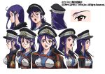  corset frown jacket jacket_on_shoulders koutetsujou_no_kabaneri mikimoto_haruhiko official_art pocket_watch purple_hair red_eyes reference_sheet smile watch yatori_(koutetsujou_no_kabaneri) 