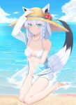  1girl animal_ear_fluff animal_ears arm_up bangs bare_legs barefoot beach between_legs bikini blue_eyes blue_ribbon blue_sky braid breasts cleavage clothes_down cloud collarbone day earrings flower fox_ears fox_tail full_body hair_between_eyes halterneck hand_between_legs hat hat_flower hat_ribbon hibiscus highres hololive izu_(tea_value_lord) jacket jewelry long_hair navel ocean outdoors red_flower ribbon shiny shiny_skin shirakami_fubuki single_braid sitting sky small_breasts solo straw_hat sun_hat swimsuit tail virtual_youtuber wariza white_bikini white_hair white_jacket yellow_headwear 