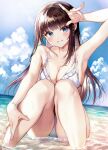  1girl arm_up armpits bangs bare_legs bare_shoulders beach bikini black_hair blue_eyes blue_sky blunt_bangs blush breasts cleavage cloud collarbone cumulonimbus_cloud day frilled_bikini frills gesture_request hand_on_own_leg knees_up long_hair looking_at_viewer medium_breasts nishizawa original outdoors partially_submerged single_sidelock sitting sky smile solo sunlight swimsuit vignetting wet white_bikini 