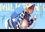  1girl :d absurdres animal_ears animal_print backpack bag blue_archive blue_sky breast_pump breasts brown_hair cloud cloudy_sky cow_ears cow_print ear_tag fake_animal_ears highres large_breasts leaning_forward milking_machine ogre_(illustogre) open_mouth original outdoors pantyhose purple_eyes short_hair shrug_(clothing) sketch sky smile solo white_pantyhose 