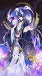  1boy absurdres animal_ears bishounen black_hair circlet highres holding japanese_clothes kimono laoelaoee long_hair long_sleeves male_focus mask onmyoji purple_eyes purple_hair solo tail tamamo_no_mae_(onmyoji) wide_sleeves 