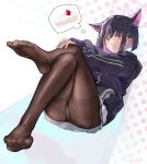  1girl :q animal_ears ass black_hair blue_archive bob_cut brown_pantyhose cake cake_slice colored_inner_hair crossed_legs dema_hmw extra_ears feet food foot_out_of_frame full_body hair_ornament hairclip halo highres hood hooded_jacket jacket kazusa_(blue_archive) legs looking_at_viewer multicolored_hair no_shoes panties panties_under_pantyhose pantyhose pink_hair polka_dot polka_dot_background purple_jacket red_eyes short_hair sidelocks sleeves_past_wrists soles solo thighband_pantyhose thighs thought_bubble toes tongue tongue_out underwear white_panties 