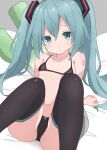  1girl bangs bed_sheet bikini black_bikini black_thighhighs blue_eyes blue_hair blush cameltoe closed_mouth commentary_request feet_out_of_frame grey_background hair_between_eyes hatsune_miku highres knees_up long_hair looking_at_viewer maud0239 simple_background smile solo stuffed_toy swimsuit thighhighs twintails very_long_hair vocaloid 