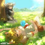  2girls absurdres animal_ears antlers arm_rest arm_up bangs black_hair blonde_hair blue_sky copyright_name dappled_sunlight day extra_ears fang fanning_self flower fur_collar fur_scarf grass hand_fan hand_up highres holding holding_fan japari_symbol kemono_friends kemono_friends_kingdom knee_up lion_(kemono_friends) lion_ears long_hair long_sleeves looking_at_another looking_at_viewer lying miniskirt moose_(kemono_friends) moose_ears multiple_girls necktie official_art on_back on_grass on_ground open_mouth outdoors pantyhose parted_lips pleated_skirt scarf shirt shoes short_sleeves sitting skirt sky sunlight sweat sweater thighhighs tree wariza yellow_eyes zettai_ryouiki 