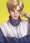  1girl absurdres androgynous bishoujo_senshi_sailor_moon blonde_hair blue_eyes earrings glasses highres jacket jewelry ryeowon_kwon short_hair signature solo ten&#039;ou_haruka upper_body yellow_background 