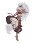 1girl abs baggy_pants bandages breasts dark_skin dungeons_and_dragons elf fantasy fighting_stance highres knife long_hair orange_eyes pants pointy_ears ponytail solo standing standing_on_one_leg tezy8art toned underboob white_background white_hair 