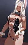  1girl absurdres animal_ear_fluff animal_ears black_bow black_bowtie blush boku_no_hero_academia bow bowtie breasts covered_navel dark-skinned_female dark_skin detached_collar grey_background highres large_breasts leotard long_hair looking_at_viewer mirko parted_lips rabbit_ears rabbit_girl rabbit_tail ratatatat74 red_eyes see-through see-through_leotard solo straight_hair strapless strapless_leotard tail translucent_bunnysuit white_hair wrist_cuffs 