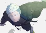  1boy bara black_bodysuit blue_eyes bodysuit closed_mouth flippers gaius_(live_a_hero) highres kansuke_(kansuke_717) large_pectorals live_a_hero male_focus muscular muscular_male pectorals short_hair simple_background solo undercut wetsuit white_background white_hair 