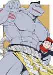  2boys abs absol_(dkqthf) akari_(pokemon) bara belt biceps black_hair blush brown_eyes fang feet_out_of_frame hat large_pectorals loincloth loincloth_lift looking_at_viewer machoke male_focus male_underwear manly mature_male multiple_boys muscular muscular_male pectorals pokemon pokemon_(game) pokemon_legends:_arceus red_eyes scarf simple_background smile smirk teeth thick_arms thick_thighs thighs tongue topless_male underwear veins veiny_arms 