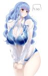  1girl :t alternate_hairstyle bangs blue_hair blush braid breasts brown_eyes commission crown_braid embarrassed fire_emblem fire_emblem:_three_houses fire_emblem_heroes highres icoo large_breasts long_hair marianne_von_edmund pout pouty_lips see-through shirt sidelocks solo swimsuit wet wet_clothes 