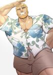  1boy andrew_(live_a_hero) andrew_(the_riptide)_(live_a_hero) bara blonde_hair brown_male_swimwear closed_eyes hawaiian_shirt highres kansuke_(kansuke_717) large_pectorals live_a_hero male_focus male_swimwear muscular muscular_male official_alternate_costume pectorals shirt short_hair simple_background smile solo teeth white_background white_shirt 