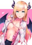  1girl bat_tattoo blonde_hair breasts chest_tattoo demon_girl demon_horns demon_wings highres hololive horns kie_(yospcd) large_breasts navel pointy_ears solo stethoscope tattoo tongue tongue_out virtual_youtuber wings yuzuki_choco 
