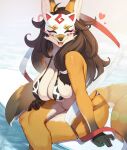  1girl ahoge animal_ears animal_nose animal_print bikini body_fur breasts brown_hair cow_print crossed_legs fangs furry furry_female heart highres large_breasts long_hair mask navel open_mouth orange_fur original print_bikini sitting smile snout solo swimsuit tail water whooo-ya 