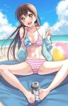  1girl american_flag_bikini aranami_shibuki ball bang_dream! barefoot beach beachball bikini black_hair blue_jacket blue_sky breasts can cloud commentary_request contrapposto day flag_print green_eyes hanazono_tae highres horizon jacket long_hair looking_at_viewer ocean outdoors sexually_suggestive sitting sky small_breasts soda_can solo swimsuit v 