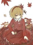  1girl aki_shizuha autumn_leaves blonde_hair buttons closed_mouth collared_shirt hair_between_eyes hair_ornament hairband highres leaf leaf_hair_ornament long_sleeves maple_leaf red_eyes red_hairband red_skirt red_vest shirt shiye_hong short_hair simple_background skirt solo touhou vest white_background 
