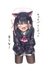  1girl animal_ears bangs black_hair black_hoodie black_pantyhose blue_archive blush cat_ears colored_inner_hair constricted_pupils cropped_legs fang hair_ornament hairclip halo highres hood hoodie kazusa_(blue_archive) looking_at_viewer mm_(mm_chair) multicolored_hair neckerchief open_mouth pantyhose pink_neckerchief short_sleeves simple_background skin_fang skirt sleeves_past_wrists solo sweat translation_request v-shaped_eyebrows white_background white_skirt 