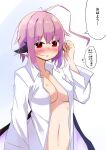  1girl ahoge blush breasts collarbone collared_shirt dress_shirt hair_between_eyes large_breasts long_sleeves mystia_lorelei navel open_clothes open_mouth open_shirt pink_hair red_eyes rurisakura shirt short_hair solo speech_bubble touhou translation_request upper_body white_shirt 