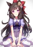  1girl absurdres animal_ears bow brown_hair daiichi_ruby_(umamusume) drill_hair flower gradient gradient_background grey_background hair_bow hair_flower hair_ornament highres horse_ears horse_girl horse_tail long_hair looking_at_viewer pink_flower pink_rose purple_eyes red_bow rose school_uniform short_sleeves sitting solo tail thighhighs tracen_school_uniform twin_drills umamusume wariza white_thighhighs yamada_auto yellow_flower yellow_rose 