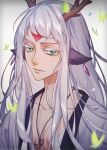  1boy animal_ears antlers bishounen bug butterfly centauroid crying crying_with_eyes_open facial_mark floppy_ears forehead_mark glowing_butterfly green_butterfly green_eyes japanese_clothes long_hair male_focus onmyoji open_clothes ru_(famia) shishio_(onmyoji) solo taur tears white_hair wide_sleeves 