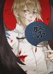  1boy bishounen black_wings blonde_hair blood blood_on_clothes blood_on_face blue_eyes hand_fan holding long_sleeves looking_at_viewer male_focus onmyoji ootengu_(onmyoji) paper_fan ru_(famia) short_hair solo tengu uchiwa wings 