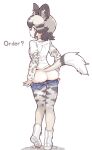 1girl african_wild_dog_(kemono_friends) african_wild_dog_print animal_ears animal_print ass denim denim_shorts dog_ears dog_girl dog_tail english_text from_behind highres kemono_friends layered_sleeves long_sleeves looking_at_viewer looking_back print_sleeves pulled_by_self short_over_long_sleeves short_sleeves shorts solo tail tanaka_kusao tongue tongue_out undressing 