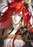  1boy black_sclera colored_sclera earrings horns japanese_clothes jewelry long_hair looking_at_viewer male_focus onmyoji pointy_ears ponytail red_hair ru_(famia) shuten_douji_(onmyoji) single_earring slit_pupils smile solo tassel tassel_earrings yellow_eyes 