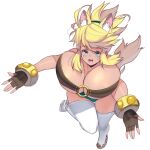  1girl :d absurdres animal_ear_fluff animal_ears beltbra blonde_hair blue_eyes boots bouncing_breasts breasts curvy extra_ears facial_mark fangs floating_hair full_body gold_bracelet highres huge_breasts incoming_hug jumping liru looking_at_viewer masao o-ring o-ring_top outstretched_arms ponytail pouncing renkin_san-kyuu_magical_pokaan short_shorts shorts sidelocks simple_background smile solo studded_bracelet tail thigh_boots whisker_markings white_background wolf_ears wolf_girl wolf_tail 