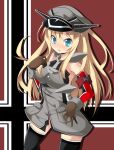  1girl bare_shoulders bismarck_(kancolle) black_thighhighs blonde_hair blue_eyes blush breasts brown_gloves detached_sleeves gloves grey_headwear hair_between_eyes hat highres kantai_collection large_breasts long_hair military military_hat military_uniform open_mouth peaked_cap pocket rurisakura solo thighhighs uniform 