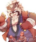  2022 anthro asian_clothing belly biped brown_body canid canine clothing east_asian_clothing goemon_(tas) hi_res humanoid_hands japanese_clothing kemono lantu_(artist) lifewonders male mammal money overweight overweight_male raccoon_dog simple_background solo tanuki tokyo_afterschool_summoners tongue tongue_out video_games 