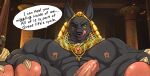  anthro anubian_jackal anubis bandage bandaged_arm biceps black_body black_fur bodily_fluids canid canine canis claws clothing crown deity digital_media_(artwork) egyptian egyptian_clothing egyptian_headdress egyptian_mythology english_text erection feet fur genitals gold_(metal) gold_crown gold_jewelry gold_tiara green_eyes humanoid_genitalia humanoid_penis inside jackal jewelry looking_down low-angle_view male mammal middle_eastern_mythology muscular muscular_anthro muscular_male mythology necklace nipple_piercing nipples nude one_eye_closed pawpads penis piercing pink_nipples pink_pawpads pink_penis pink_tongue red_jewelry smile solo speech_bubble sweat tan_(artist) text tongue tongue_out 