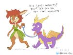  activision anthro brown_body brown_fur collar dog_walking dragon duo elora faun_(spyro) female fur green_eyes hair hooves male purple_body purple_eyes purple_skin red_hair rriesgo sketch spyro spyro_the_dragon tongue tongue_out video_games walking 