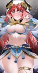  1girl :q ass_visible_through_thighs bangs bare_shoulders blue_eyes blush breasts crop_top detached_sleeves forehead_jewel genshin_impact harem_outfit highres horns jewelry large_breasts long_hair long_sleeves looking_at_viewer midriff navel nilou_(genshin_impact) red_hair shiben_(ugvu5784) skirt solo stomach thigh_gap thigh_strap thighs tongue tongue_out veil very_long_hair 