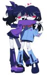  2girls black_footwear black_hair black_ribbon black_skirt blue_cardigan bow cardigan decepticon genderswap genderswap_(mtf) hair_ribbon heart highres hug humanization leaning_forward multiple_girls one_eye_closed orange_bow purple_cardigan purple_footwear red_eyes ribbon skirt skywarp smile solid_eyes thundercracker transformers tube_socks uchikaze white_background yuri 