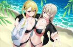  2girls ;d absurdres apple_ringo beach bikini black_bikini black_shirt blonde_hair blue_eyes breast_press breasts brown_eyes cleavage closed_mouth collarbone collared_shirt cowboy_shot fang frown grey_hair hair_ornament hairclip halterneck hand_on_another&#039;s_shoulder hand_on_hip highres jacket large_breasts long_hair long_sleeves looking_at_viewer multi-strapped_bikini multiple_girls navel one_eye_closed open_clothes open_jacket open_mouth open_shirt original outstretched_arm shirt side_ponytail smile standing stomach string_bikini swimsuit symmetrical_docking v v-shaped_eyebrows water white_jacket 