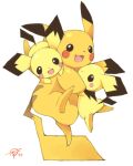  :3 animal_focus artist_name black_eyes blush_stickers commentary english_commentary full_body happy heart hug looking_at_viewer no_humans open_mouth pichu pikachu pokemon pokemon_(creature) puddingx2 signature simple_background smile white_background yellow_theme 
