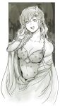  1girl breasts cape cleavage collarbone detached_sleeves earrings final_fantasy final_fantasy_iv greyscale hair_ornament highres jewelry long_hair looking_at_viewer monochrome odendazo older open_mouth rydia_(ff4) smile solo 