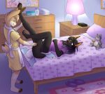  2017 4_toes 5_fingers anthro anubian_jackal baby_powder bed bed_sheet bedding bedroom black_body black_fur black_hair blush bottomless bow_(knot) canid canine canis carpet cel_shading clock clothed clothing convenient_censorship diaper diaper_change digital_clock digital_drawing_(artwork) digital_media_(artwork) dress duo feet female fingers fully_clothed fur furniture hair holding_leg holding_tail inside jackal lagomorph lamp legs_up leporid looking_at_another lying mammal painting pillow pink_clothing pink_shirt pink_topwear plushie rabbit shaded shirt short_hair signature sitharoo standing tan_body tan_fur tan_hair toes topwear wen wen_(wen) yellow_clothing yellow_dress 