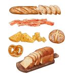  abaoyaonuli bacon baguette bread bread_slice cheese food food_focus highres loaf_of_bread original pretzel simple_background still_life swiss_cheese tray white_background wooden_tray 
