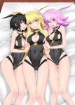  3girls bangs black_hair blonde_hair blush breasts fate/grand_order fate_(series) head_wings highres hildr_(fate) large_breasts long_hair looking_at_viewer multiple_girls open_mouth ortlinde_(fate) pink_hair red_eyes shirotsumekusa short_hair sidelocks smile thighs thrud_(fate) valkyrie_(fate) 