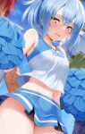  1other 2boys bad_id bad_twitter_id bangs bare_shoulders benimaru_(tensei_shitara_slime_datta_ken) blue_hair blue_skirt blush breasts cheerleader highres holding holding_pom_poms large_breasts light_blue_hair long_hair looking_at_viewer m-da_s-tarou midriff multiple_boys navel open_mouth pom_pom_(cheerleading) ponytail rigurudo_(tensei_shitara_slime_datta_ken) rimuru_tempest shirt skirt solo_focus sweat tensei_shitara_slime_datta_ken thighhighs thighs white_shirt yellow_eyes 