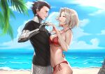  1boy 1girl arm_around_waist beach bikini blue_eyes blue_sky breast_press breasts casual cleavage cloud cloudy_sky commission cyborg day english_commentary eye_contact eyeshadow genji_(overwatch) grey_hair heart heart_hands heart_hands_duo height_difference hetero highres looking_at_another makeup mechanical_arms medium_breasts mercy_(overwatch) metal_skin multiple_scars navel overwatch overwatch_1 pink_eyeshadow red_bikini red_eyes scar scar_on_face second-party_source shirt short_hair side-tie_bikini sky smile spaghetti_strap strap_gap sturmjager swimsuit t-shirt underboob younger 