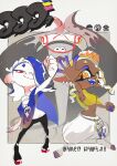  arm_up baggy_pants big_man_(splatoon) cephalopod_eyes chest_sarashi clenched_hand crop_top dark-skinned_female dark_skin fangs frye_(splatoon) hair_over_one_eye highres looking_at_viewer manta_ray official_art open_hand pants red_eyes sarashi sash shiver_(splatoon) smile splatoon_(series) splatoon_3 tentacle_hair 