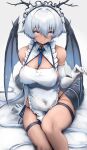  1girl absurdres blush breasts cleavage closed_mouth dragon_girl dragon_tail dragon_wings elbow_gloves gloves grey_background hair_between_eyes highres inre_kemomimi looking_at_viewer medium_breasts simple_background sitting smile solo tail thigh_strap thighs white_gloves wings 